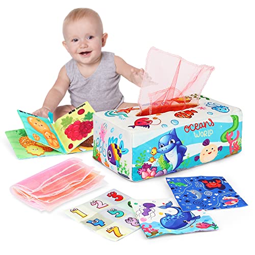 Image of FICUS Baby Tissue Box Toy,Infant Sensory Toys Magic Tissue Box with Crinkle Toys Tummy Time Toys Montessori Toys for 3 6 9 12 Months 1-2 Year Old Toddlers Infants Newborns Gift (Undersea Animal)