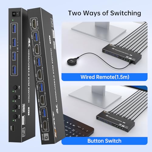 Image of HDMI KVM Switch 4 Computers 1 Monitors 4K@60Hz 2K@120Hz,4 Port KVM Switch with Simulation EDID for 4 PCs Sharing Monitor Keyboard Mouse Hard Drives Printer Wired Remote,Power Adapter Included
