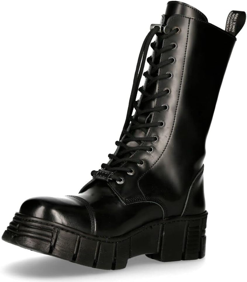 New Rock Women's M-WALL127N-C1 High Boots Black Leather Wall Gothic Rock Biker Tower Calf Boots