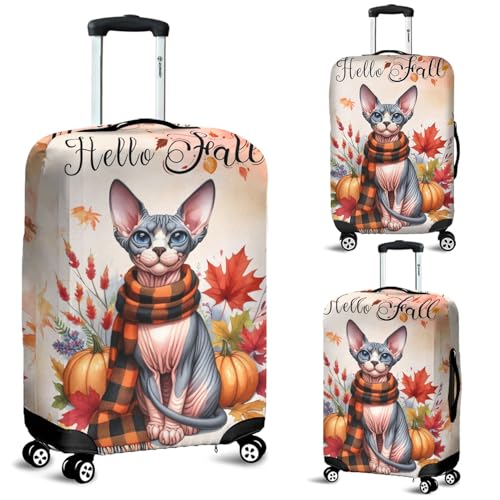 Hello Fall Sphynx Scarf Welcome Autumn with Leaves Pumpkins Travel Luggage Cover Cat Lover Kitten Owner Gifts Idea Suitcase Dust Protective Decor - 000112