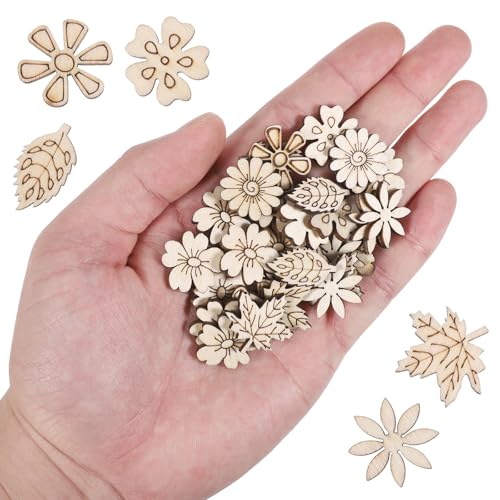100 PCS Unfinished Wood Flowers Wood Slice Leaf Pattern Cutouts Mini Wooden Handmade Craft Decoration Supplies DIY Art Project Wooden Pieces Scrapbook Embellishments