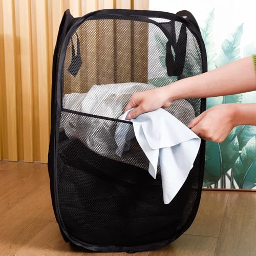 Folding Laundry Basket Mesh Collapsible Laundry Baskets, Pop up Laundry Hamper Bins, Folding Washing Basket with Handles Foldable Laundry Basket for Clothes Tidy Storage (Black) - Image 4