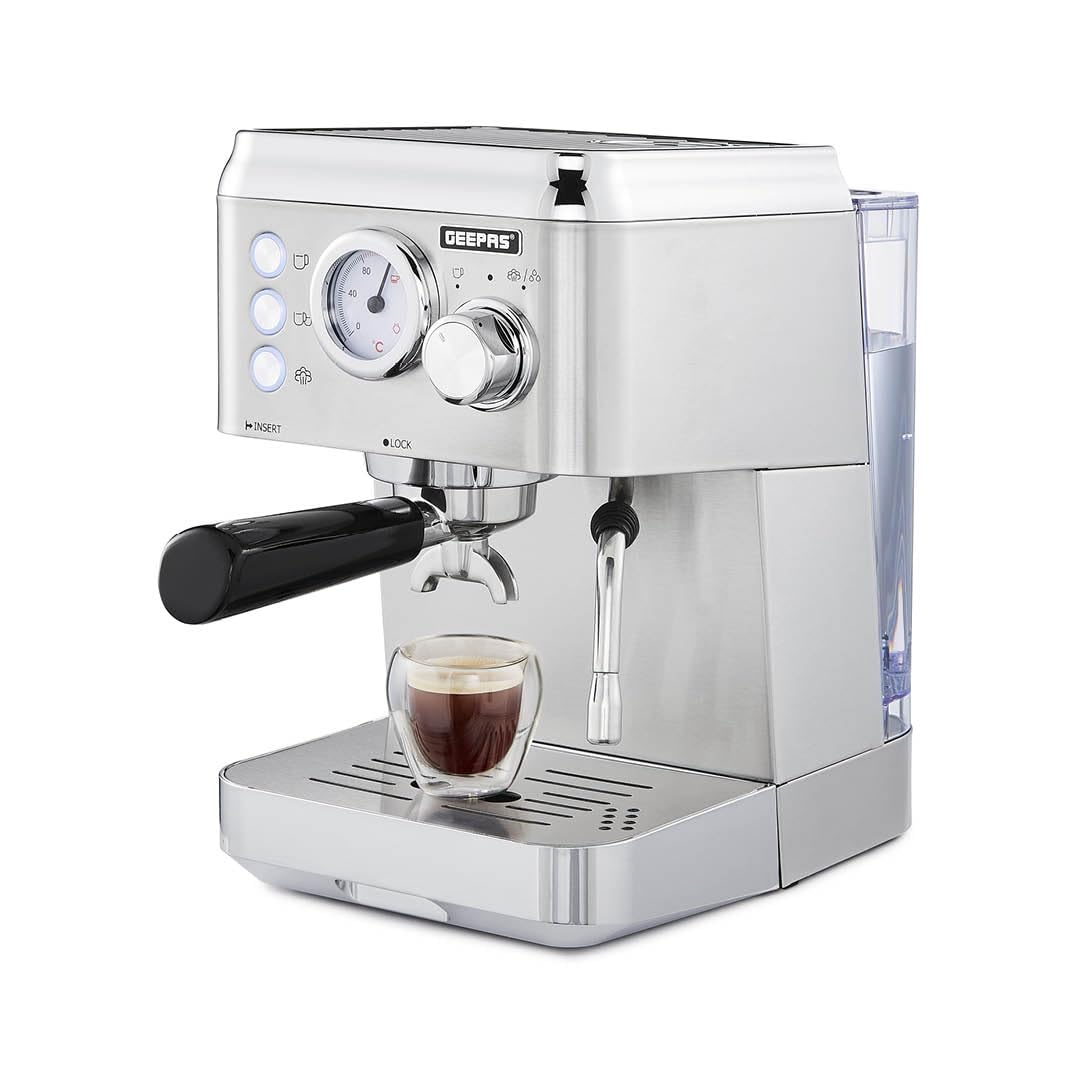 Geepas Espresso Coffee Machine with Milk Frother - 1.8L Tank, 15-Bar Pressure, Stainless Steel, Silver