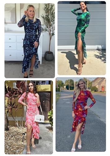 Image of ECOWISH Women's Spring Wedding Guest Dress 2026 Long Sleeve Ruched Bodycon Floral Ruffle Cocktail Party Maxi Dresses