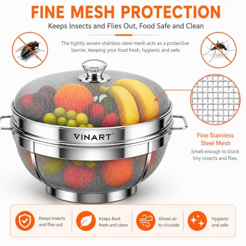 Image of VINART Stainless Steel Fruit Basket with Lid | Fruit & Vegetable Storage Basket for Kitchen & Dining Table (Small + Large)