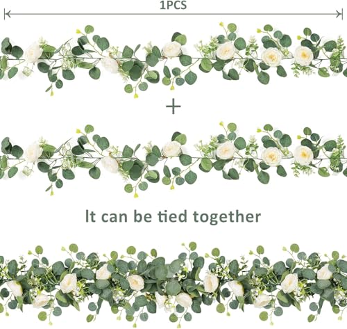UXORSN 2PCS 6FT Artificial Eucalyptus Flower Garland with White Roses Fake Flower Garlands Silk Rose Greenery Garland Faux Floral Ivy Vines for Wedding Arch Party Table Runner Centerpiece Decoration - Image 5