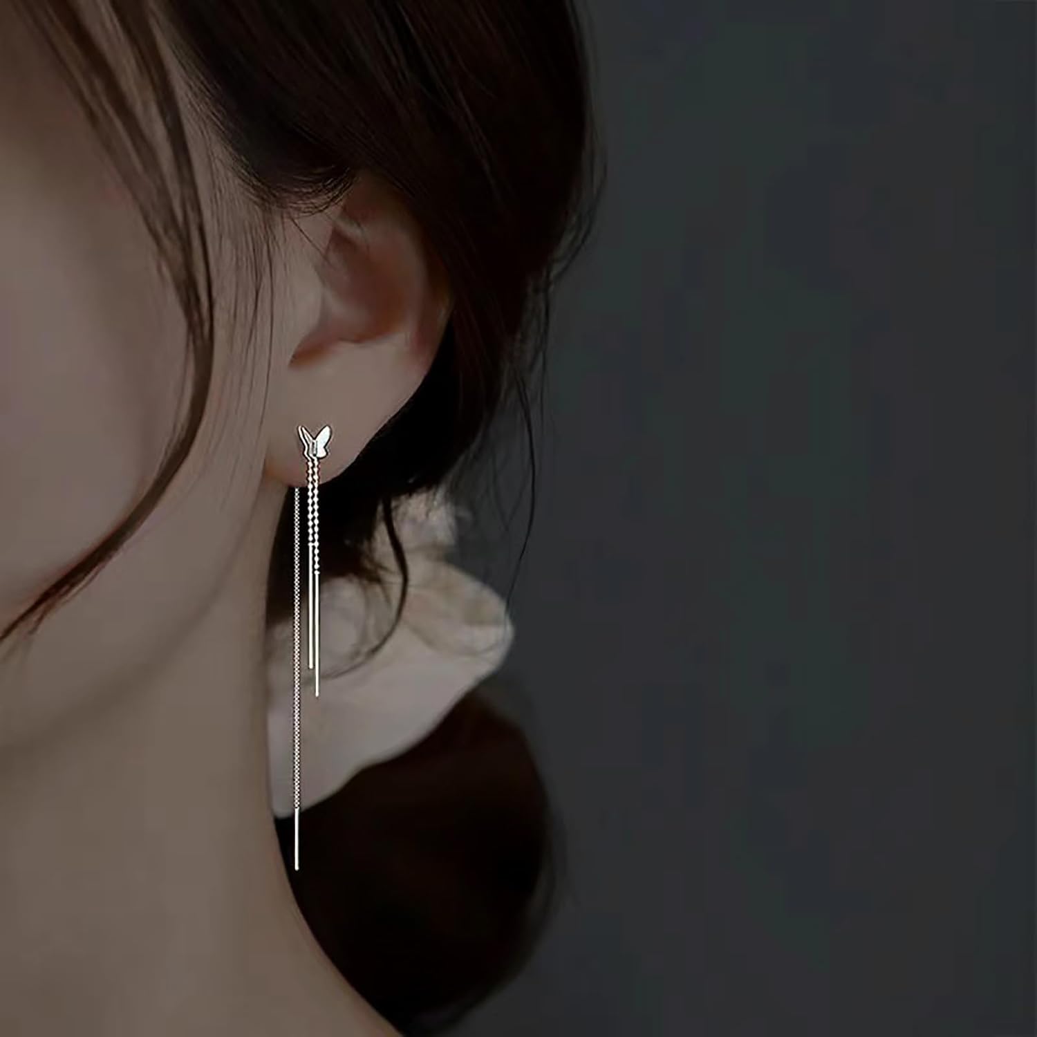 Boho Wedding Tiny Butterfly Threader Earrings Silver Long Chain Tassel Dainty Stud Pull Through Earrings Thread Line Bar Dangle Small Bead Chain Drop Cute Simple Delicate Minimalist Jewelry for Women - Image 6