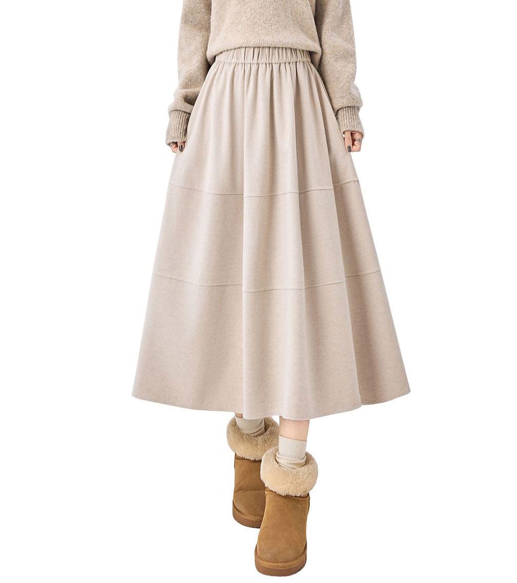chouyatou Womens Elegant Ruffle Wool Midi Long Skirt Elastic Waist A Line Pleated Wool Blend Skirt with Pockets