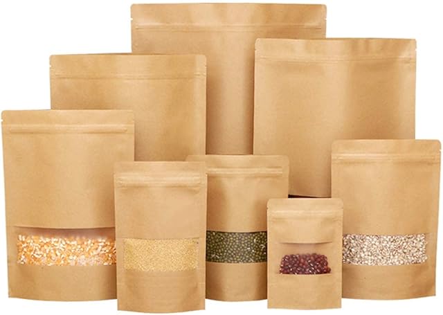 Acidea 100Pcs Stand up Kraft Paper Bag Pouch with Zip Lock and Transparent Window for Storing Food, Nuts, Seeds,Beans, Tea Leaves, Coffee, Candy, Snack, Dried Fruits 3.5×5.5in