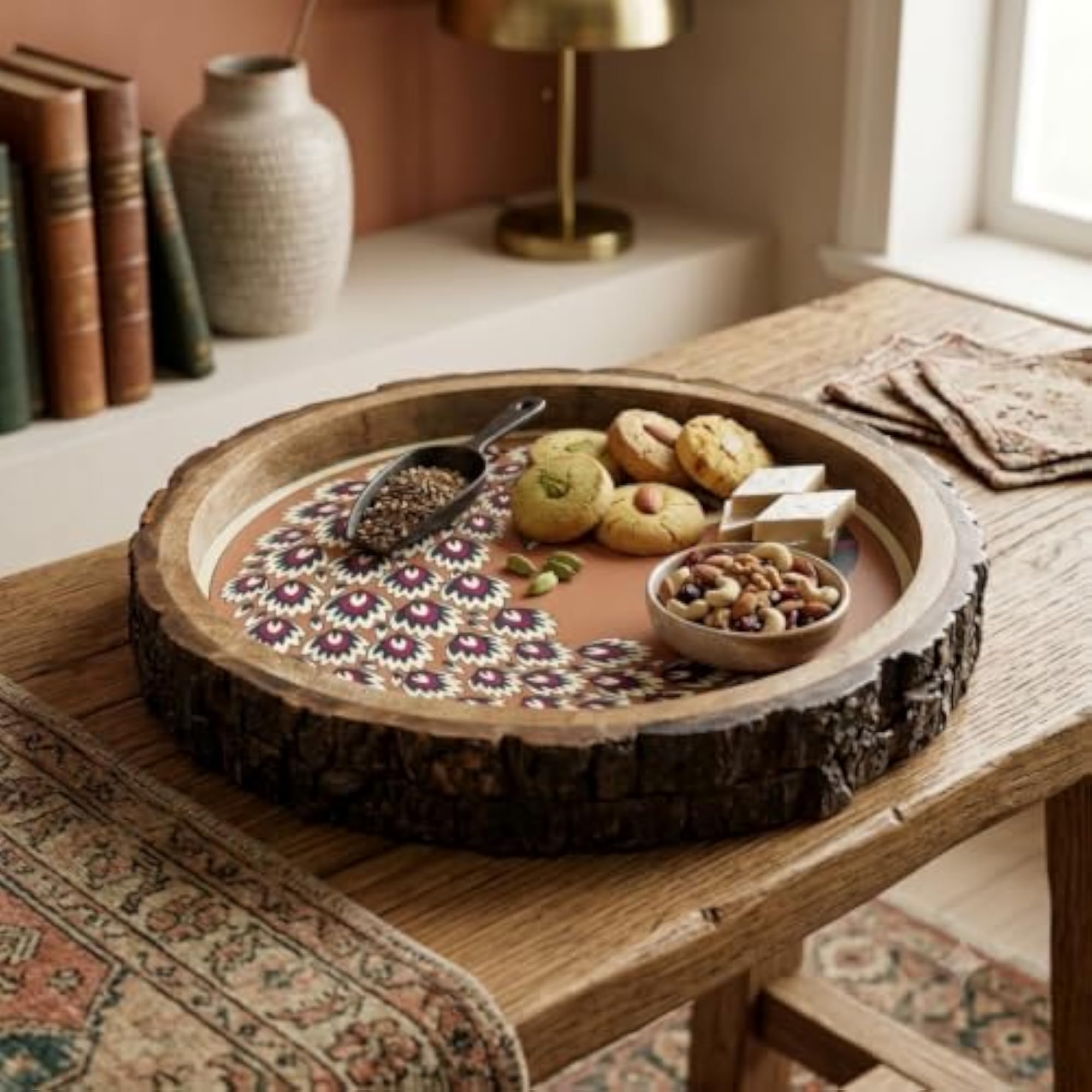 Wooden Round Tray with Tree Print, 12 Inch