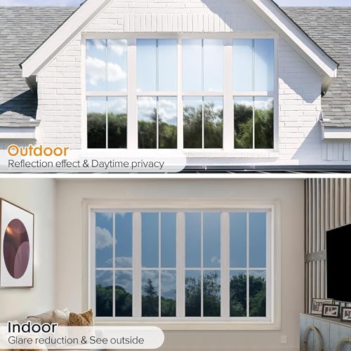Image of CREON One Way Window Film, Privacy Window, UV Blocking, Non-Adhesive Static Cling Heat Control Reflective Glass Film for Home and Office 20x115 (Inch), Slver-blu