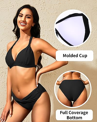 Yonique Women Two Piece Bathing Suits Push Up Bikini Set Halter Swimsuit Vintage Swimwear Black XL - Image 6