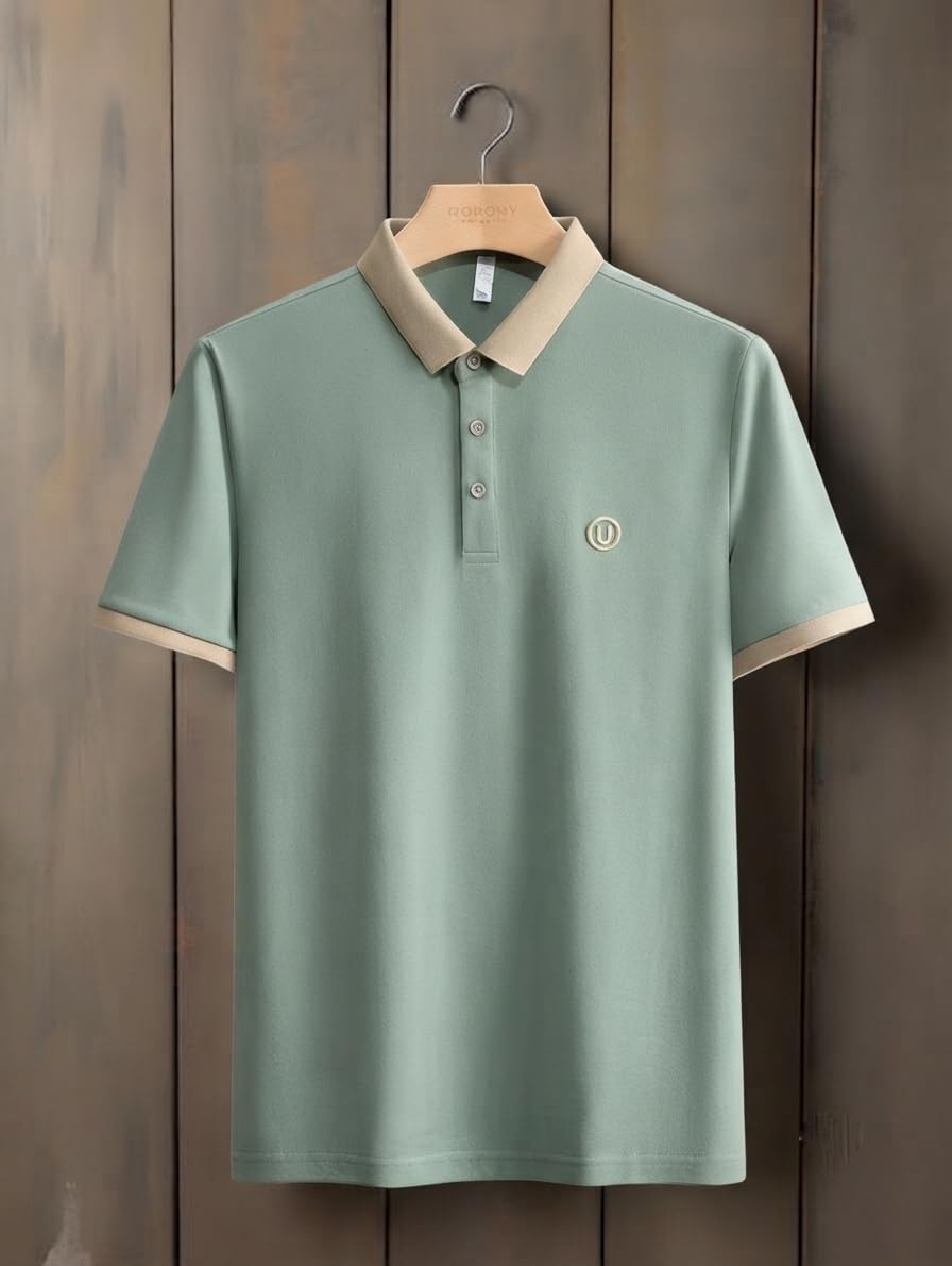 Men's Polo T-Shirt, Blue with Contrast Collar, Short Sleeve, Button Placket-picture-25