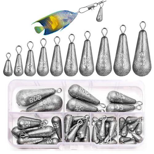 Tkxjry 40 Pezzi Peso da Pesca Piombini, Piombo da Pesca Forma di Goccia Casting, Kit di Pesi da Pesca, per La Pesca in Mare E d'Acqua Dolce 3.5g/5g/7g/10g/15g/20g/25g/30g/40g/50g(10 Taglie, Argento)