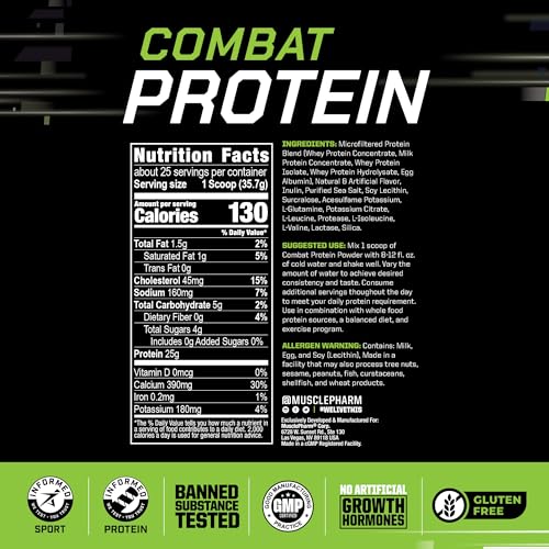 Image of MusclePharm Combat Protein Powder, Vanilla Flavor, Fuels Muscles for Productive Workouts, 5 Protein Sources Including Whey Protein Isolate & Egg Albumin, Gluten Free, 2 lb, 25 Servings