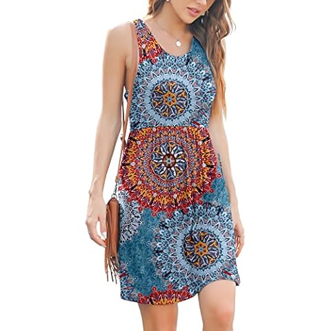 YUNDAI Womens Summer Sleeveless Casual Floral Mini Dresses Loose Pleated Knee Length Short Dress Sundress with Pockets Cover