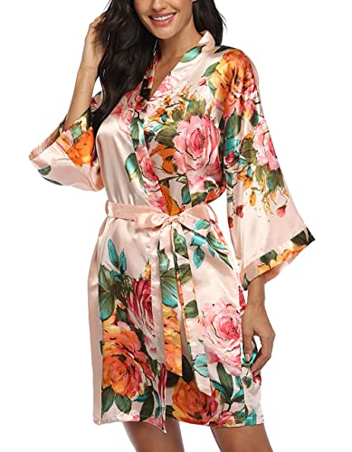 Image of VOGMATE Floral Silk Robes for Women Short Satin Kimono Bride Bridesmaid Robes Bathrobe