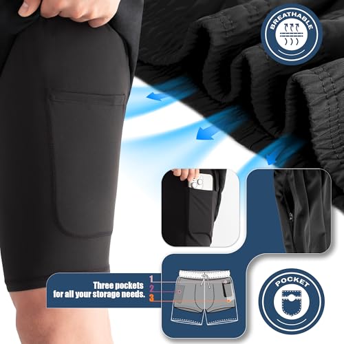 BRISIRA Big and Tall Swim Trunks for Men Quick Dry Board Shorts Compression Liner and Zipper Pockets 1X-6X3