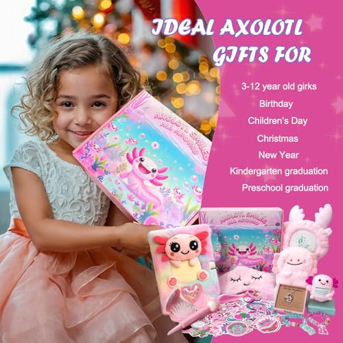 Axolotl Gift Set for Girls - Cute Axolotl-Themed Toy Box with Fluffy Diary, Stickers,Pen, Crocheted Stuffed Animal, Pink Purse, Necklace, Keychain, and More Axolotl Stuff - Birthday Gifts for Kids - Image 7