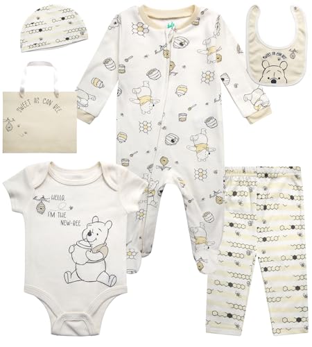 Image of Disney Newborn Baby Girl Boy Clothes - 7 Piece Mickey Mouse Winnie the Pooh Bib Onesie Overall Beanie Pants Gift Bag Gift Set
