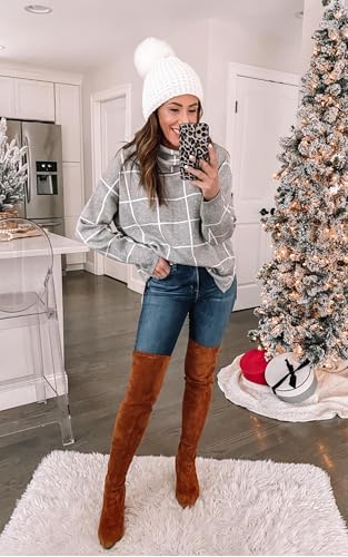 Image of ECOWISH Women Fall Pullover Sweater Turtleneck Plaid Long Sleeve Loose Casual Chunky Checked Knit Winter Sweaters Jumper Tops