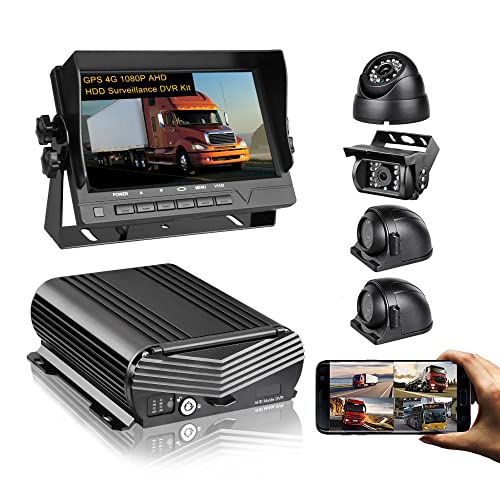 Tuamber-X 4 Channel GPS 4G 1080P AHD HDD Mobile Vehicle Car DVR MDVR Video Recorder Kit Real-time Remote View on PC Phone with 4 1080P Side Rear View IR Car Cameras 7 inches Car Monitor for Truck Bus