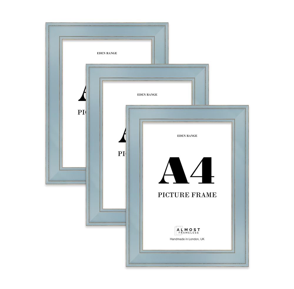 A4 Cornflower Blue Picture Frame - Shabby Chic Photo Frame with Distressed Finish, Gold Trim, Wall Hooks and Kickstand, 37mm Edge - 3 Pack