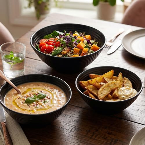 Image of Melamine Serving Bowls | Multipurpose Bowl Set | Mixing & Serving Bowls | Unbreakable, Lightweight, Food-Grade, Dishwasher Safe | Set of 3 (1000 ML Each) (Black)