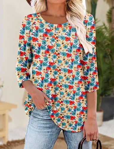 KISSMODA Tunic Tops for Women Loose Fit Dressy Round Neck Pleated 3/4 Length Sleeve Spring Tops