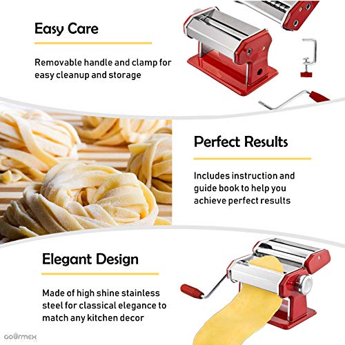 Gourmex Stainless Steel Manual Pasta Maker Machine | With Adjustable Thickness Settings | Perfect For Professional Homemade Spaghetti And Fettuccini | Includes Removable Handle And Clamp (Red) #TOP3