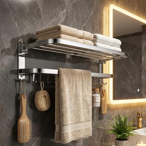 Image of Well Set Stainless Steel Foldable Towel Rack for Bathroom | Dual Layer Wall Mounted Shelf with Towel Bar & 5 Hooks | Heavy-Duty Rust-Free Towel Holder Stand (Mirror Finish, Silver)