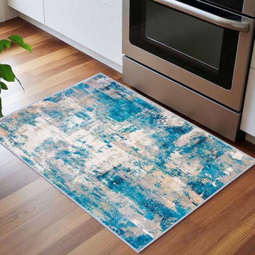 KOZYFLY Small Area Rug 2x3 Rug Entryway Rugs Indoor Non-Slip Modern Abstract Machine Washable Rug, Kitchen Mats for Floor Front Door Rug Low Pile Small Carpet Floor Mats, Turquoise/Beige/Grey/Yellow