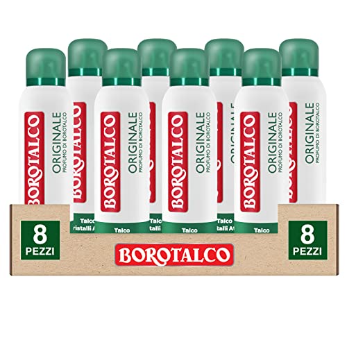 Borotalco Desodorante original en spray 48h con cristales activos extra seco sin alcohol, perfume de Borotalco absorbe el sudor dermatológicamente probado, 8 botellas de 150 ml
