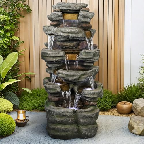 Image of SunJet 47.2 inch High Cascading Rock Outdoor Water Fountain with LED Lights - Large Outdoor Resin Fountains and Waterfalls for Garden or Patio, Yard, and Deck Decor, Featuring Natural Stone Look