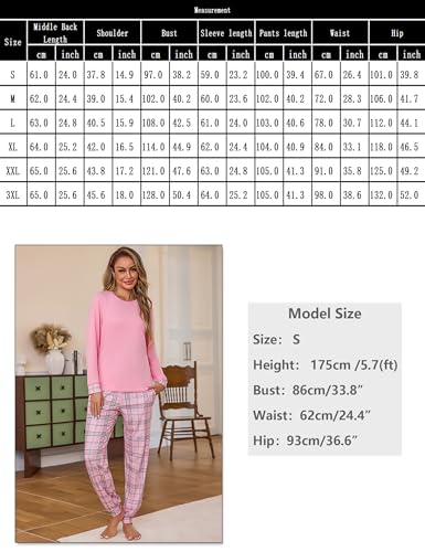 Litherday Women's Pyjama Sets Cotton Long Sleeve Ladies Pjs Loungewear Sleepwear 2 Pieces Soft Nightwear Top and Plaid Bottom with Pocket Pink - Image 5
