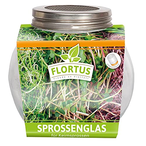 FLORTUS | Sprossenglas mit rostfreiem Edelstahlgitter | 11cm x 7cm x 10cm | Keimglas für Sprossenkeimlinge | Sprossen ziehen | Sprossen Anzuchtset für schmackhafte und frische Keimsprossen | 425 ml Cover