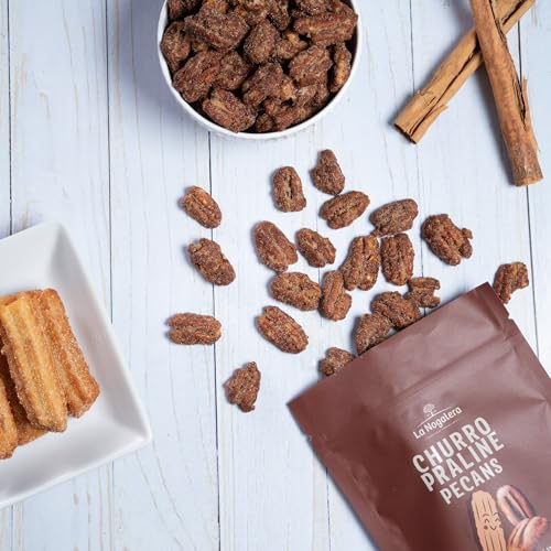 Image of Churro Praline Pecans 5 oz - Sweet Cinnamon Sugar Pecan Snack with Crunchy Coating - Gourmet Candied Pecans by La Nogalera