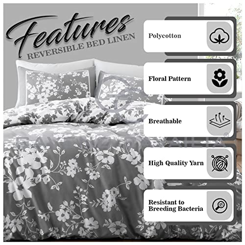 GC GAVENO CAVAILIA Luxurious Fower Duvet Cover King Size, Breathable Botanical Bedding Sets, Soft Printed Bed Set, Grey - Image 3