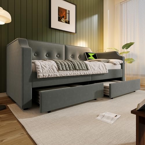 BXEYXE Cama tapizada de 90 x 200 cm con luz de lectura USB tipo C, sofá cama con 2 cajones de almacenamiento, cama infantil, cama juvenil con somier de madera, terciopelo gris (sin colchón)