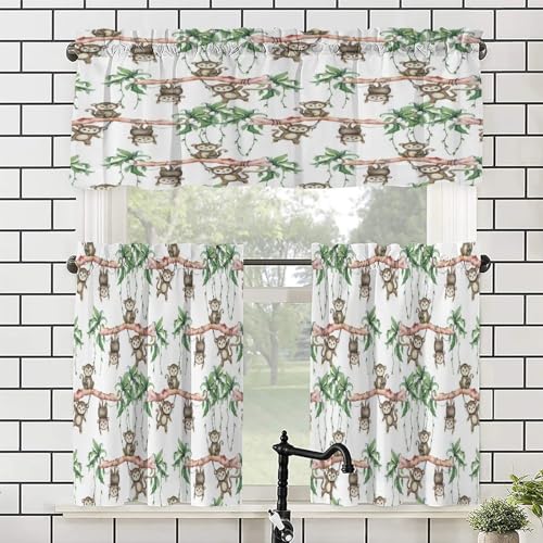 Vintage Cartoon Baby Monkey Kitchen Valances Set Tier Curtains,Watercolor Cute Woodland Wildlife Monkey Green Leaves 3Pcs Rod Pocket Window Treatment Tiers,1 Valance(54"x18")+2 Tiers(27.5W x36L)