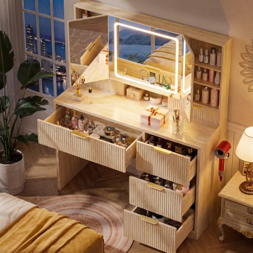 Image of COMHOMA Vanity Desk with 3-Way Mirror and Lights, Makeup Vanity with 360 View Mirror, 3 Lighting Modes, 6 Drawers,Storage Cabinet Fluted Wood Vanity Table with Jewelry Hook for Women Girls