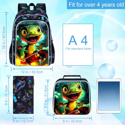 Image of 3Pcs Dinosaur Backpack, Boys Kids Bookbag with Lunch Box, 16 inch Dino School Backpacks for Elementary Preschool Kindergarten (Black)
