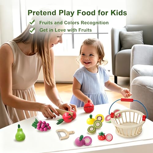 Image of Wooden Cutting Fruit Toys, Pretend Play Food Set for Kids Kitchen, Cuttable Fruit and Veg Game, with Picnic Basket, Accessories for Toddlers Store Grocery, Gift for 3+ Years Old