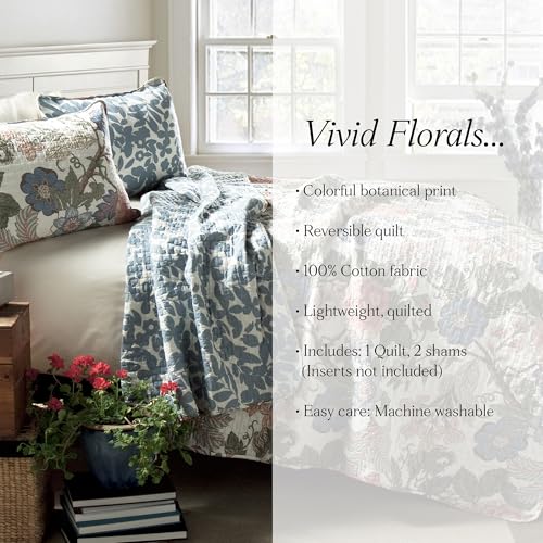 Image of Lush Decor Sydney Reversible Cotton Quilt Set, 3 Piece Set, King /California King, Green & Blue - Cotton Bedding Set - Blue Floral Quilt - Cottage Decor - Bedding King Size