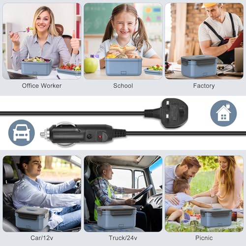Image of Herrfilk 100W Electric Lunch Box Adults, 1.8L Thermal Lunch Box with Compartments, Heated Lunchbox with 230V Home /Office & 12V 24V Car /Truck Cables, Insulated Lunch Bag, Spoon and Fork, Dark Blue