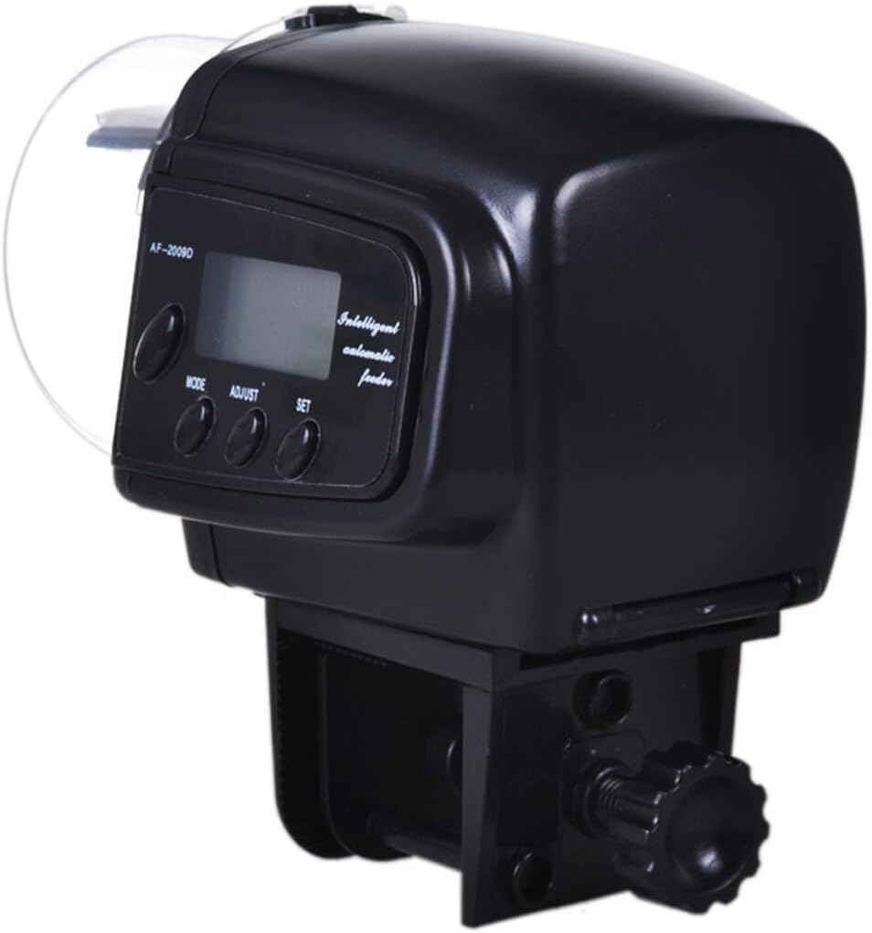KOMBIUDA Automatic Fish Feeder with Digital Timer and Adjustable Clamp for Aquarium Tanks Black Compact Design Feed Chamber Battery Operated for Precise Feeding