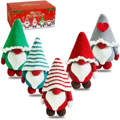 AUGVO Christmas Crochet Kit for Beginners, Crochet Starter Kits for Adults, Amigurumi Craft Knitting Crochet Animals Kits with Step-by-Step Video Tutorials, 5 Pack Gnome