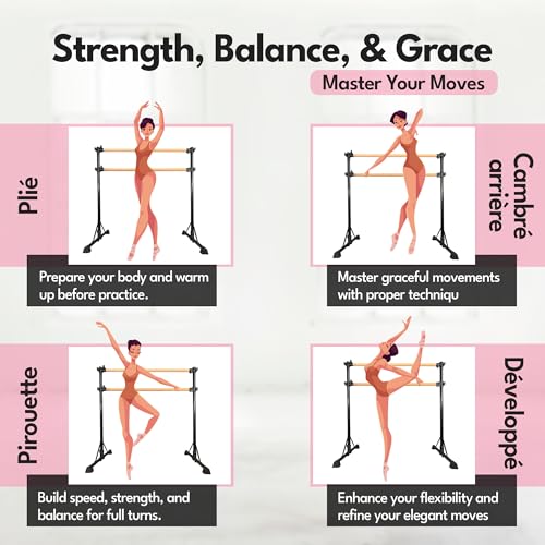 New & Improved 4 Ft Steel Double Ballet Barre with Carry Bag and Beginner Guide,Adjustable&Portable Ballet Barre for Home and Gym,Quality Ballet bar Anti-Wobble,Stretching Dance bar (Wood, Black)