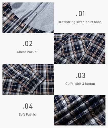 Image of Hooded Flannel Shirts for Men Plaid Long Sleeve Flannel Jacket Hoodies | Button-Down, Lightweight Coat, Classic Plaid Shirts with Hood, Flannel Hoodies with Pocket