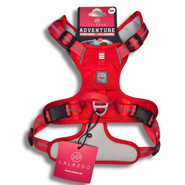 Lalazoo Adventure Hundegeschirr Typ Guard – No-Pull verstellbar gepolstert & reflektierend mit Griff Zwei Leinenbefestigungen & Tasche wasserabweisend für kleine mittelgroße & große Hunde – Rot, M